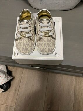 Michael Kors Kids Beige Logo Sneakers with Gold Accents